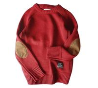 PNZLZIA Mens Sweater with Elbow Patches, Men's Crew Neck Vintage Knitted Sweaters, Elbow Patch Thick Jumper Tops (Red,XXL)
