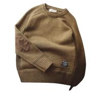 PNZLZIA Mens Sweater with Elbow Patches, Men's Crew Neck Vintage Knitted Sweaters, Elbow Patch Thick Jumper Tops (Khaki,XXL)