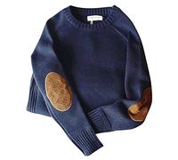 PNZLZIA Mens Sweater with Elbow Patches, Men's Crew Neck Vintage Knitted Sweaters, Elbow Patch Thick Jumper Tops (Blue,L)