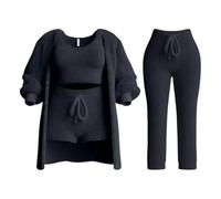 PNZLZIA Misscosy Knit Set 4-Piece, Women's Cozy Knit Set, Soft Fleece Pajamas Warm Cardigan Coat Vest Shorts or Trousers (Black,Medium)