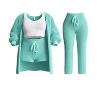 PNZLZIA Misscosy Knit Set 4-Piece, Women's Cozy Knit Set, Soft Fleece Pajamas Warm Cardigan Coat Vest Shorts or Trousers (Green,Medium)