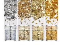 POABXYHD 4pcs Gold Leaf Sheets Set, Premium Gold and Silver Foil Paper, Multicolor Irregular Aluminum Flakes, Glitter for Handmade Epoxy Resin, Candle Making, Arts and Crafts Supplies