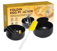 Poach Egg Cooker - Non-stick Fried Egg Molds | with Brush Silicone Cover Detachable Fold Handle Round Boiler Set for Breakfast Kitchen Pancakes Food Prep