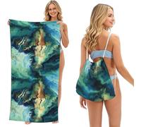 Poadnly Abstract Marbled Ocean Navy Blue Teal Green, 2 in 1 Packable Towel Bag, Beach Towels with Drawstring Backpack for Travel Holiday Camping