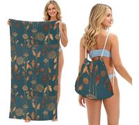 Poadnly Art Deco Copper Flowers, 2 in 1 Packable Towel Bag, Beach Towels with Drawstring Backpack for Travel Holiday Camping
