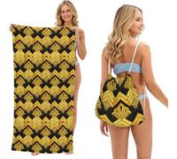 Poadnly Art Deco Gold, 2 in 1 Packable Towel Bag, Beach Towels with Drawstring Backpack for Travel Holiday Camping