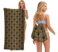 Poadnly Art Deco Pattern Seamless Black Gold, 2 in 1 Packable Towel Bag, Beach Towels with Drawstring Backpack for Travel Holiday Camping