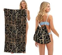 Poadnly Art Deco Style Geometric Pattern Two Side, 2 in 1 Packable Towel Bag, Beach Towels with Drawstring Backpack for Travel Holiday Camping