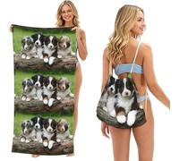 Poadnly Australian Shepherd Small Puppies, 2 in 1 Packable Towel Bag, Beach Towels with Drawstring Backpack for Travel Holiday Camping