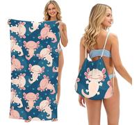 Poadnly Axolotl Kawaii, 2 in 1 Packable Towel Bag, Beach Towels with Drawstring Backpack for Travel Holiday Camping