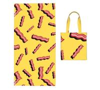 Poadnly Bacon Yellow Background, 2 in 1 Packable Towel Bag, Beach Towels with Tote Bag for Travel Holiday Camping