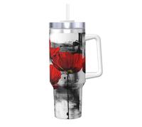 Poadnly Beautiful Poppy Flower Ink Printing,40oz Ice Bully Cup with Handle Lid Straw Stainless Steel Mug Car Coffee Cup