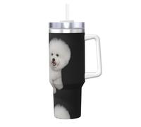 Poadnly Bichon Frise White Dogs Pets Dogs Bichon Frise,40oz Ice Bully Cup with Handle Lid Straw Stainless Steel Mug Car Coffee Cup