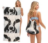 Poadnly Black And White Cow Printed, 2 in 1 Packable Towel Bag, Beach Towels with Drawstring Backpack for Travel Holiday Camping