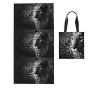 Poadnly Black And White Image Of A Leopard, 2 in 1 Packable Towel Bag, Beach Towels with Tote Bag for Travel Holiday Camping