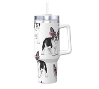 Poadnly Black Frenchie Cartoon French Bulldog Pink Glasses White Dog,40oz Ice Bully Cup with Handle Lid Straw Stainless Steel Mug Car Coffee Cup