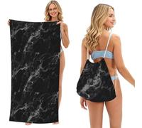 Poadnly Black Marble Luxury Dark Rock Smooth Surface, 2 in 1 Packable Towel Bag, Beach Towels with Drawstring Backpack for Travel Holiday Camping