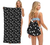 Poadnly Black White Polka Dots Printed, 2 in 1 Packable Towel Bag, Beach Towels with Drawstring Backpack for Travel Holiday Camping