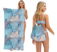Poadnly Blue Gold Marble Texture Ocean Art, 2 in 1 Packable Towel Bag, Beach Towels with Drawstring Backpack for Travel Holiday Camping