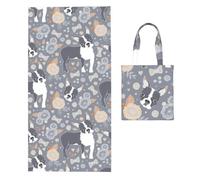 Poadnly Boston Terrier Beautiful Flowers, 2 in 1 Packable Towel Bag, Beach Towels with Tote Bag for Travel Holiday Camping