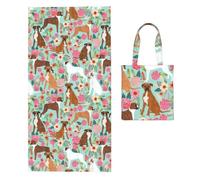Poadnly Boxer Dog Flowers Florals Mint Cute Flowers, 2 in 1 Packable Towel Bag, Beach Towels with Tote Bag for Travel Holiday Camping