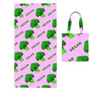 Poadnly Broccoli Vegan Green Pink, 2 in 1 Packable Towel Bag, Beach Towels with Tote Bag for Travel Holiday Camping