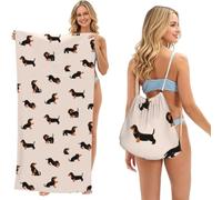 Poadnly Cartoon Happy Dachshund Pattern, 2 in 1 Packable Towel Bag, Beach Towels with Drawstring Backpack for Travel Holiday Camping