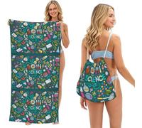 Poadnly Cartoon Science Theme, 2 in 1 Packable Towel Bag, Beach Towels with Drawstring Backpack for Travel Holiday Camping