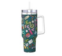 Poadnly Cartoon Science Theme,40oz Ice Bully Cup with Handle Lid Straw Stainless Steel Mug Car Coffee Cup