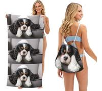 Poadnly Cavalier King Charles Spaniel Dog, 2 in 1 Packable Towel Bag, Beach Towels with Drawstring Backpack for Travel Holiday Camping