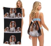 Poadnly Cavalier King Charles Spaniel Mother With Cubs, 2 in 1 Packable Towel Bag, Beach Towels with Drawstring Backpack for Travel Holiday Camping