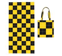 Poadnly Check Pattern Yellow And Black, 2 in 1 Packable Towel Bag, Beach Towels with Tote Bag for Travel Holiday Camping