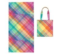 Poadnly Colorful Rainbow Multicolor Plaid Stripes, 2 in 1 Packable Towel Bag, Beach Towels with Tote Bag for Travel Holiday Camping