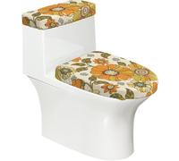 Poadnly Colorful Retro 70S Flower,Toilet Lid Covers Reusable Set of 2 Tank Lid Covers, Dust Splash Resistant for Bathroom Decor