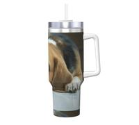 Poadnly Cute Beagle Dog Lies On Floor,40oz Ice Bully Cup with Handle Lid Straw Stainless Steel Mug Car Coffee Cup
