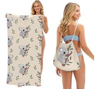 Poadnly Cute Cartoon Koala Bears Pattern, 2 in 1 Packable Towel Bag, Beach Towels with Drawstring Backpack for Travel Holiday Camping