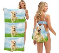 Poadnly Cute Labrador Dog Printed, 2 in 1 Packable Towel Bag, Beach Towels with Drawstring Backpack for Travel Holiday Camping