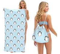 Poadnly Cute Penguin And Snow Printed, 2 in 1 Packable Towel Bag, Beach Towels with Drawstring Backpack for Travel Holiday Camping