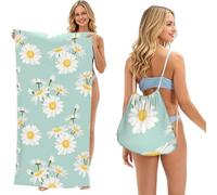 Poadnly Daisy Lush Flower Floral, 2 in 1 Packable Towel Bag, Beach Towels with Drawstring Backpack for Travel Holiday Camping