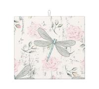 Poadnly Dragonfly Shabby Chic Roses Worn Old Vintage Floral, Dish Drying Mats, Sink Mat Absorbent Dish Drainer Mat For Kitchen Counter 41x46 cm