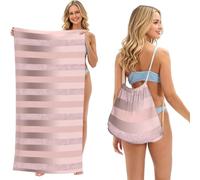 Poadnly Elegant Rose Gold Glitter Blush Pink Stripe, 2 in 1 Packable Towel Bag, Beach Towels with Drawstring Backpack for Travel Holiday Camping