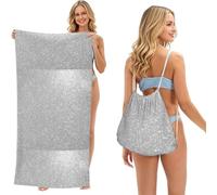 Poadnly Faux Sparkly Silver Glitter Printed, 2 in 1 Packable Towel Bag, Beach Towels with Drawstring Backpack for Travel Holiday Camping