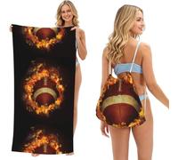 Poadnly Flaming American Football Printed, 2 in 1 Packable Towel Bag, Beach Towels with Drawstring Backpack for Travel Holiday Camping