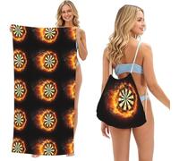 Poadnly Flaming Dartboard Fire Dart Board 3D, 2 in 1 Packable Towel Bag, Beach Towels with Drawstring Backpack for Travel Holiday Camping