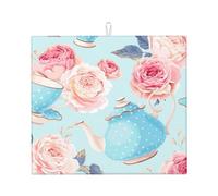 Poadnly Flowers Roses Vintage Teapot Cups, Dish Drying Mats, Sink Mat Absorbent Dish Drainer Mat For Kitchen Counter 41x46 cm