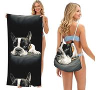 Poadnly French Bulldog Printed, 2 in 1 Packable Towel Bag, Beach Towels with Drawstring Backpack for Travel Holiday Camping