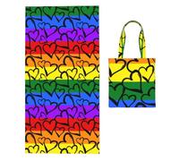 Poadnly Gay Pride Rainbow Colored Hearts, 2 in 1 Packable Towel Bag, Beach Towels with Tote Bag for Travel Holiday Camping