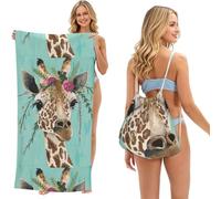 Poadnly Giraffe With Floral, 2 in 1 Packable Towel Bag, Beach Towels with Drawstring Backpack for Travel Holiday Camping