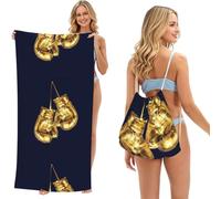 Poadnly Gold Boxing Gloves, 2 in 1 Packable Towel Bag, Beach Towels with Drawstring Backpack for Travel Holiday Camping