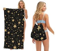 Poadnly Gold Stars On Black Background, 2 in 1 Packable Towel Bag, Beach Towels with Drawstring Backpack for Travel Holiday Camping